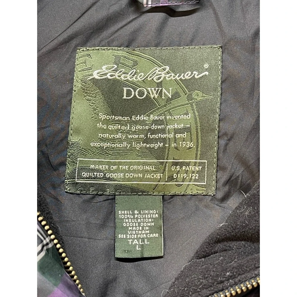 Eddie Bauer‎ Purple Plaid Goose Down Puffer Vest Womens Tall Large Quilted